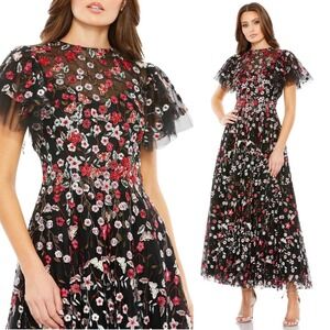 NWT Mac Duggal Black Embellished Butterfly Tea Length A Line Dress $798 - Size 8